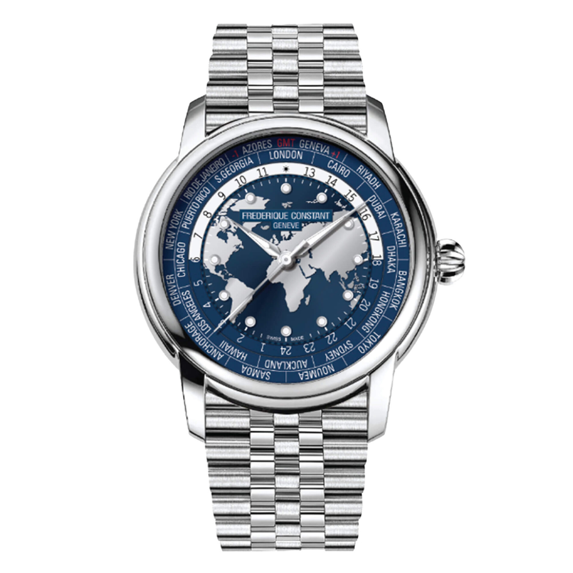 Frederique Constant Manufacture Worldtimer FC-719NN3H6B - Gioielleria Casavola di Noci - orologio automatico svizzero da uomo con complicazione ore del tempo - bracciale in acciaio INOX