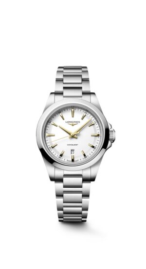 Longines Conquest L3.350.4.12.6 - Gioielleria Casavola di Noci - orologio al quarzo svizzero da donna - cassa in acciaio INOX 30 mm - quadrante bianco sabbiato lancette gialle