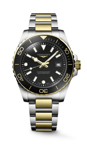 Longines Hydroconquest Quartz L3.769.3.56.7 - Gioielleria Casavola di Noci - orologio svizzero subacqueo 300 metri in acciaio INOX bicolore oro giallo e argento con quadrante nero