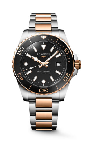 Longines Hydroconquest Quartz L3.769.3.58.7 - Gioielleria Casavola di Noci - orologio svizzero subacqueo 300 metri in acciaio INOX bicolore oro rosa e argento con quadrante nero