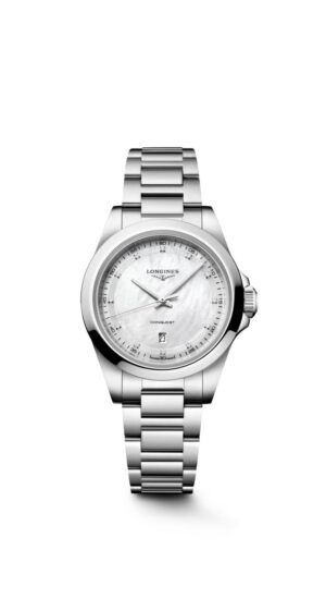Longines Conquest L3.350.4.87.6 - Gioielleria Casavola di Noci - orologio al quarzo svizzero da donna - cassa in acciaio INOX 30 mm - quadrante in madreperla bianco con diamanti
